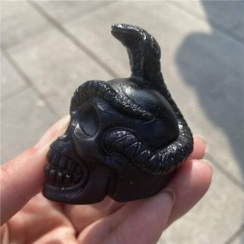 Natural Obsidian Snake Skull Figurine Crystal Carved Statue Home Ornament art collectible Gift 1pcs