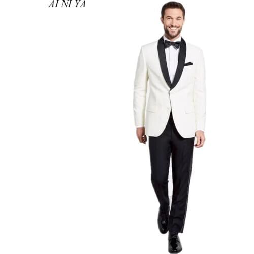 Simple Ivory Men Slim Fitted Suits With Black Shawl Lapel Groom Groomsman Tuxedos Business Party Dress Set Spring (Jacket+Pants)