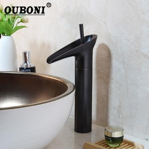 OUBONI Luxury Solid Brass Oil Rubbed Bronze Bathroom Black Waterfall Basin Sink Mixer Faucet Deck Mounted Mixer Water Tap