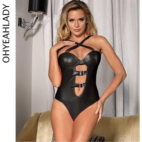 Comeondear Sexy Bodies Woman Faux Leather Bodysuit Push Up Hollow Out Romper Women Skinny Cross Strap One Piece Jumpsuit RJ80620