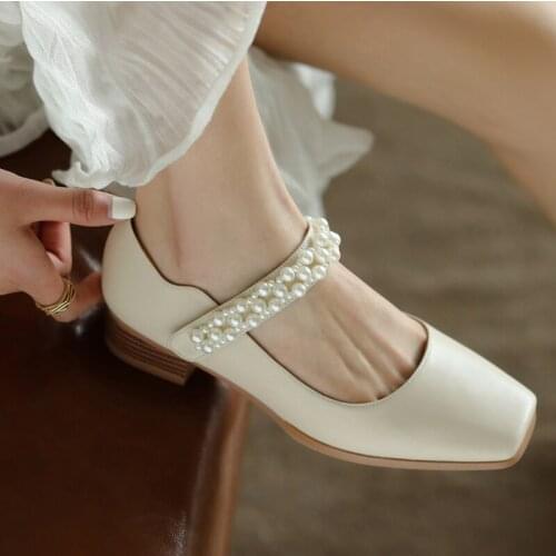 Women Shoes Natural Leather pumps 22-25cm thick heel Cow leather Full leather Korean pearl buckle Mary Jane shoes womens shoes