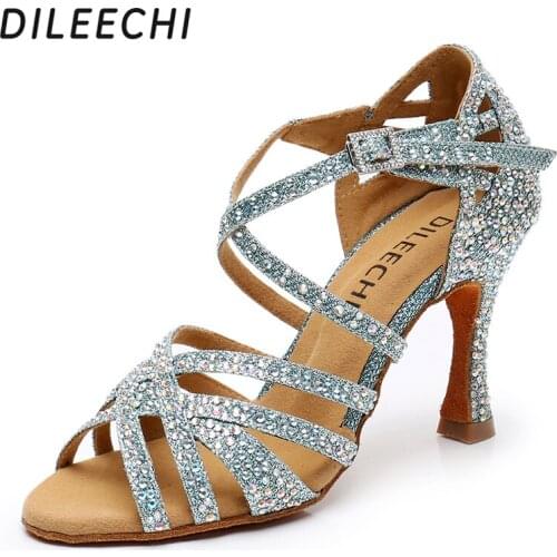 DILEECHI Latin dance shoes blue rhinestone glitter Womens ballroom dancing shoes party Salsa flash high heel 9cm
