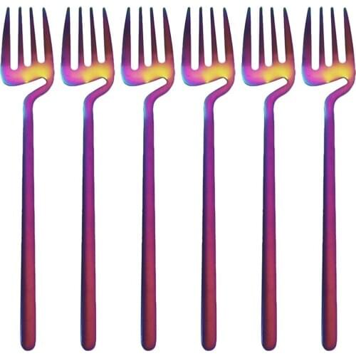 4 Colors 304 Stainless Steel 6Pcs/Set Long Handle Dinner Fork Matte Korean Rainbow Fork Kitchen Party Dinnerware Steak Gold Fork