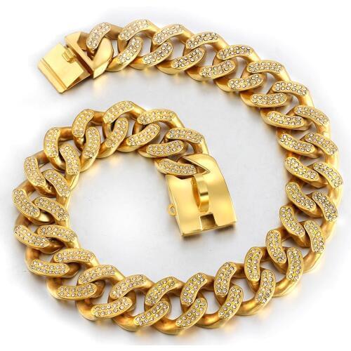 High Quality Inlaid crystal Choker Pet necklace Accessorie Stainless Steel Dog Collar Large Dogs Chain Trainning Pet Collar 32mm