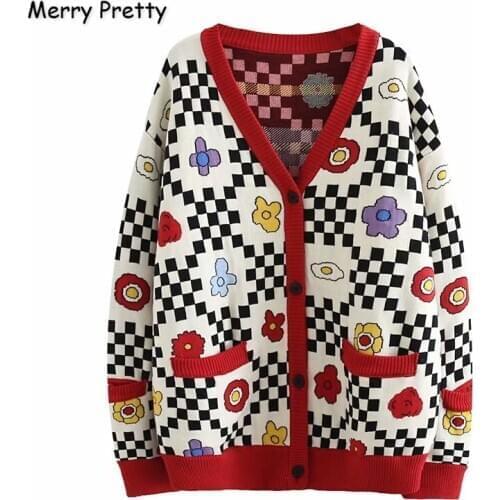 XUANHAO Womens Floral Embroidery Plaid Cardigans 2020 Winter Thick Warm V-Neck Knitted Sweaters Jacquard Funny Sweater