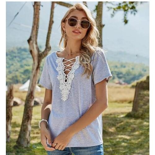 Women Hollow Out T-shirt Spring Adults Casual Style Short Sleeve Lace V-Neck Pullover