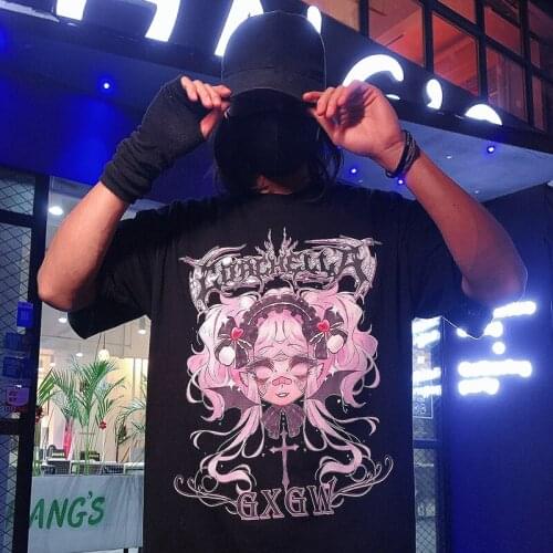 Women T-Shirt Anime Dark Cartoon Print Streetwear Tops Short Sleeve Hip Hop Dropshipping Black Vintage Y2K Loose Cotton Clothes