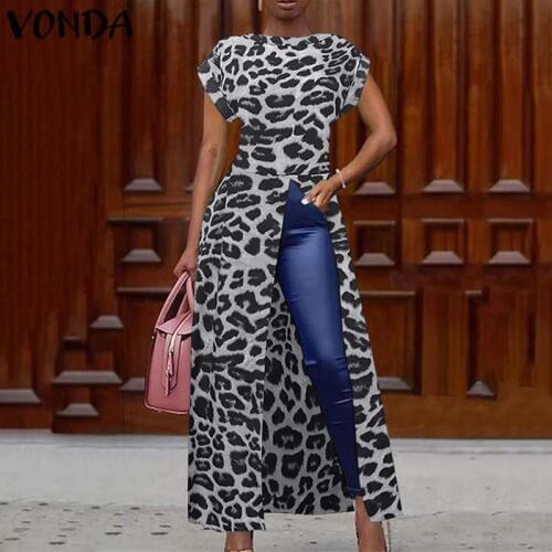 Women Tunic Vintage Leopard Printed Shirts VONDA 2021 Summer Blouse And Tops Office Holiday Split Hem Party Tops Blusa
