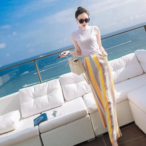 New Suits Women Summer Sleeveless T-Shirt + Striped Wide-Leg Pants Fashion Two-Piece Sets