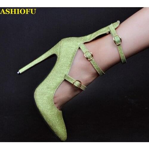 ASHIOFU Handmade New Arrival Ladies High Heel Pumps Glitter Nubuck Party Dress Shoes Buckle-strap Pointy Sexy Club Fashion Shoes