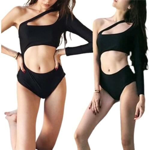 Women Solid Color Swimsuit Long Sleeve Off-shoulder Hollow Out Swimwear for Summer