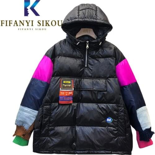 2021 Winter Jacket Women Fashion Patchwork Hooded Down Jackets Thick Warm Parkas High Quality Loose Pullover Cotton Coat Female