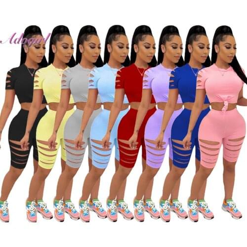 Tracksuit Women Summer Two Piece Set Solid Hollow Out Crop Top T-Shirt Biker Shorts Matching Set Fitness Outfit Short Jogger Set