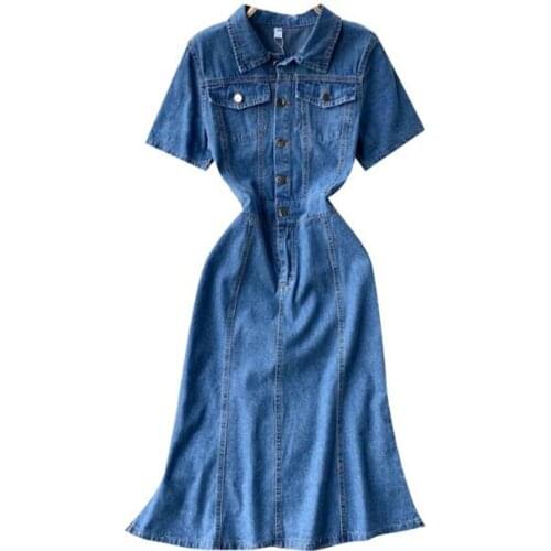 2021 summer vintage short sleeve memraid denim dress women slim package hip trumpet dress