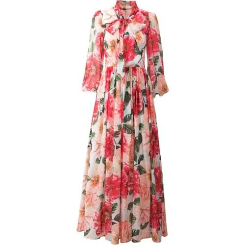 DIDABOLE summer new Womens Bohemian Bowknot Streamer Long Sleeve Vacation Vintage Elegant Flower Print Fashion Chiffon Dress