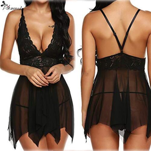 2020 S-3XL Women Sleepwear Sexy Lace Mesh Sling Floral Black Lingerie Erotic Babydoll Set Sexy Underwear Plus Size Nightgown