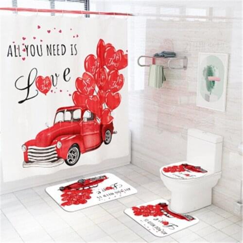 4pcs/set Bathroom Mat Set Non-slip Bath Mat Coral Fleece Print Love Flower Shower Curtain Floor Mat Washable Bathroom Toilet Rug
