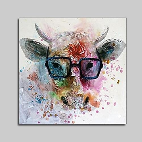 Large Size 100% Hand Painted Animal Oil Painting Animal Smart Bull Glasses Unframed Cheap Price for Living Room Unique Gift Art