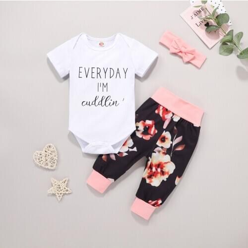 0-24M Newborn Infant Baby Girls Boys Clothes Sets Letter Print Short Sleeve T Shirts Tops+floral Print Pants Headband TELOTUNY