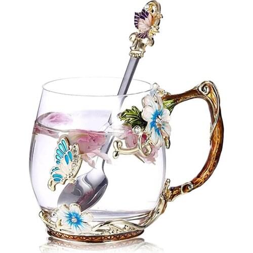 Handmade Enamel Butterfly Water Cup Coffee Crystal Cup Kettle Set Household High-Grade Glass Milk Cup With Spoon Lid Mug