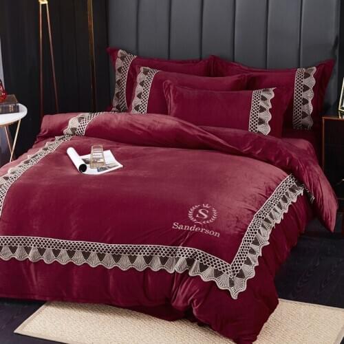 European style Bedding Sets wine red Warm Home Textile Thickening Bedding Embroidering Bed linen Bed Lace Duvet Cover Sheet