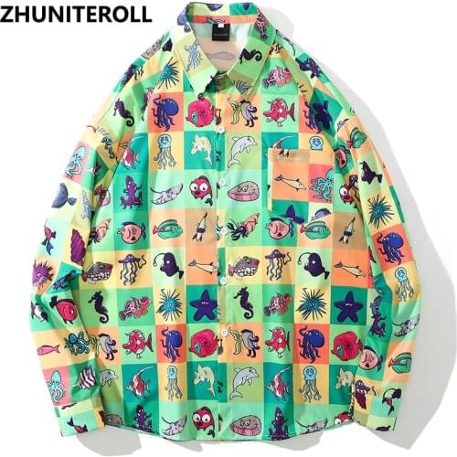 Cartoon Plaid Print Hawaiian Beach Mens Shirts Harajuku Hip Hop Button Down Longsleeve Shirt For Men Streetwear Fashion Tops