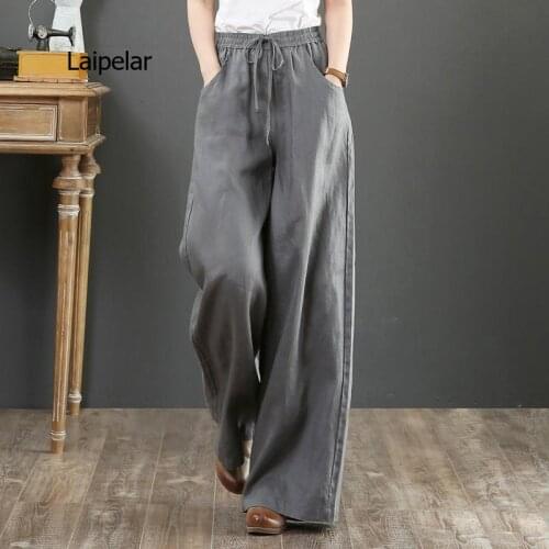 Cotton Linen Wide Leg Womens Pants High Waist Solid Drawstring Loose Ankle-length Trousers For Female Plus Size 2021 Spring