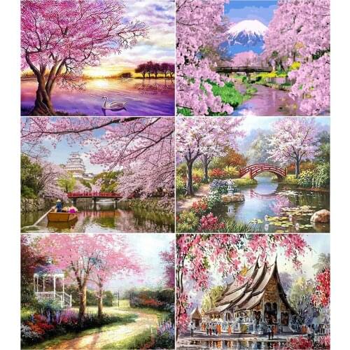 AZQSD Painting By Number Cherry Blossoms Canvas Kits Home Decoration Unframe Pictures By Numbers Landscape Handpainted Gift