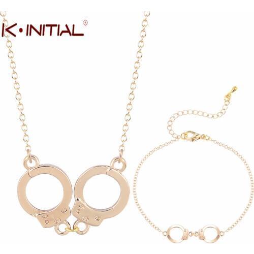 Kinitial Handcuffs Pendant Necklace Bracelets Jewelry Set Infinite Chain Jewelry for Valentines Day Gifts Statement Bijoux