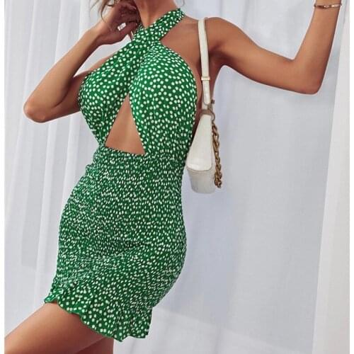 Summer Dress Dot Halter Neck Fashion Summer Tank Dress Sleeveless Party Club Hollow Out 2021 Streetwear Backless Dresses
