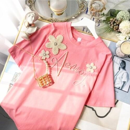 Summer new style womens luxury shiny short-sleeved pearl beaded letter flower T-shirt beautiful and elegant top for party NS805