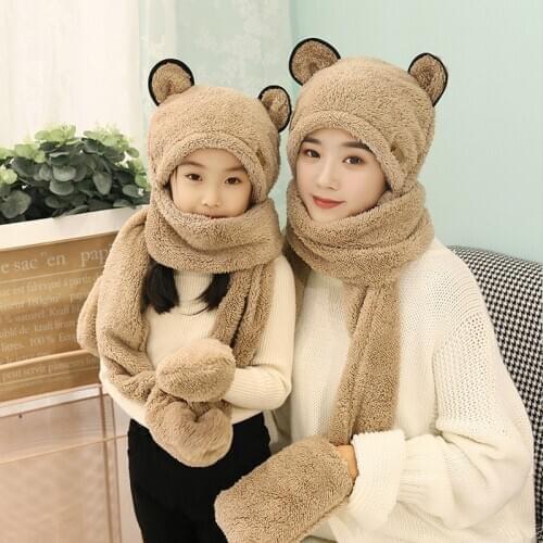 Hot Sales 2020 Winter Parent-Child Winter 3 In 1 Scarf Hat Gloves Cute Bear Ears Hat Warm Plush Hoodie Cap Hat Scarf Gloves Set