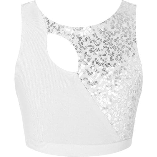 Kids Camisole Navel Vest Sexy Shiny Sequins Tank Sleeveless Girl Short Slim Open Back Lyrical Jazz Latin Dancing Tops Summer