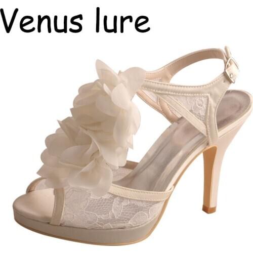 Open Toe Dress Slingback Sandals for Women Flower Lace Wedding Bride Shoes