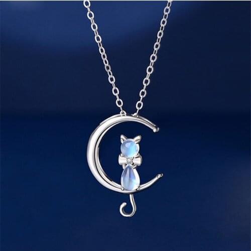 Fashion Moonstone Cat Moon Pendent Necklaces For Women Girls Clavicle Chain Party Jewelry Accessories dz742