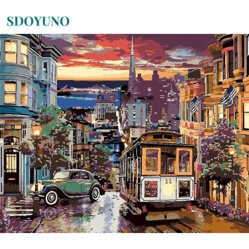 SDOYUNO 40x50cm Painting By Numbers Street Bus Frameless DIY Pictures By Numbers On Canvas Landscape Home Decoration Gift