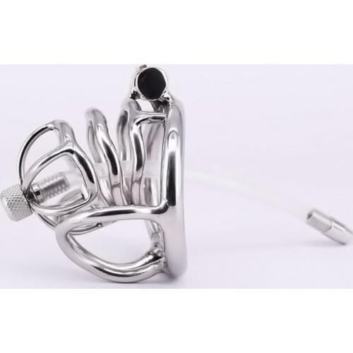 Stainless Steel Male Chastity Cage Locking Metal Penis Ring with Urethral Catheter Dilator Testicle Bondage Gear Sex Toy for Men