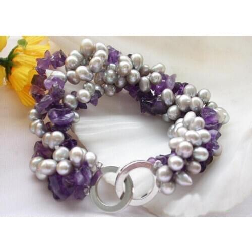 New Arrival Woman Gift Pearl Bracelet 3row Gray Rice Baroque Freshwater Pearl Drip Faceted Amethyst Bangle Fine Jewelry