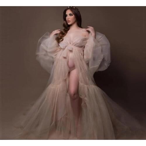 Charm Nude Tulle Bride Maternity Dress for Photo shoot Hot Sale Puffy Mesh Women Robes Photography Dresses Custom Made Robe