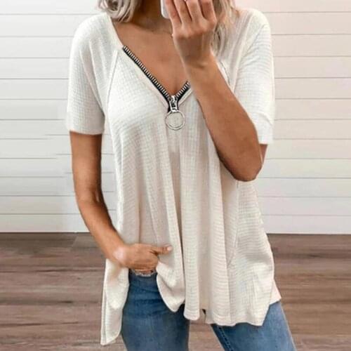 Solid Color Front Zipper T shirts Fashion V Neck Short Sleeve Y2K Ladies Loose T Shirt New Casual Tops Basic Pullovers