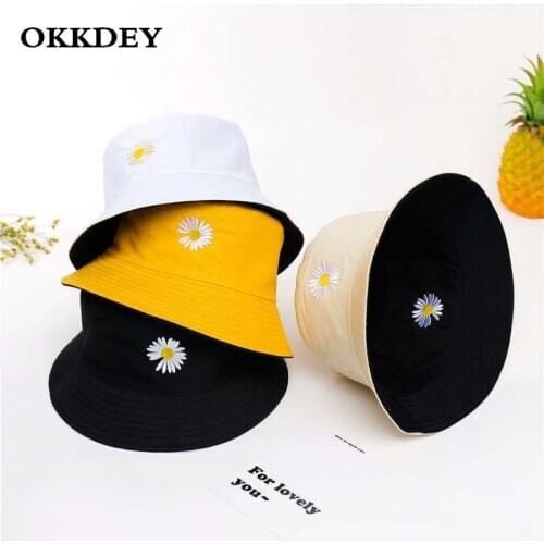 Unisex Bucket Hat Double-Side Harajuku Outdoor Fishing Cap Women Men Cotton Sunscreen Hats Daisy Embroidery Fisherman Caps