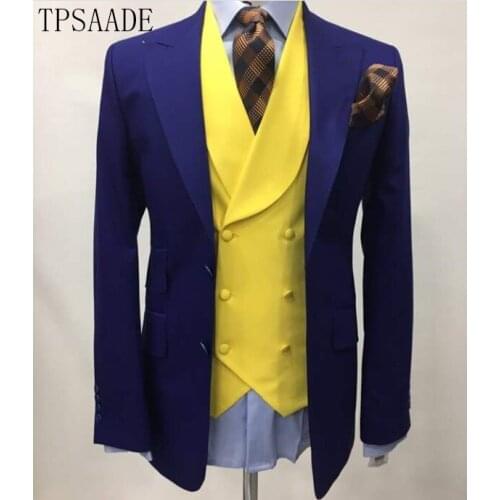 Slim Fit Men Suits For Wedding Fashion Double Breasted Yellow Vest Tailor Made Groom Tuxedos Prom Paer Costume Homme 2020