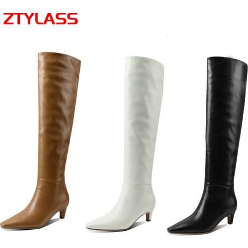 2021 Autumn Winter Women Knee High Boots Fashion Pleated Slip On Square Toe Long Boots Lady Comfort Low Heel Faux Leather Boots