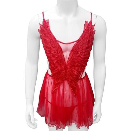 Sexy See through Sissy Dress Lingerie With Angel Wings Passion Set Cute Nightgown Lolita Men Gay Lingerie Skirt With Thong