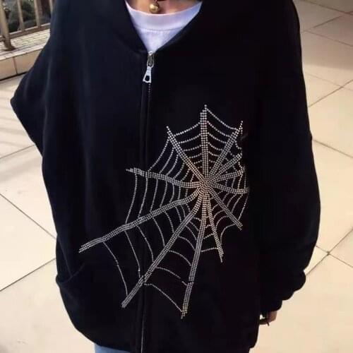 Rhinestone Spider Web Oversized Hoodie Y2k Harajuku Vintage Zipper Gothic Punk Comfortable Hooded Womens Sweatshirt Streetwear