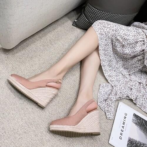High Heel Buckle Wedge Shoes 2021 Newest Breathable Women Sandals Female Pointed Toe Slippers High-heeled Espadrilles Straw