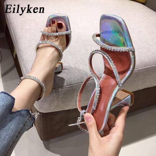 Eilyken 2021 Summer Sexy Open Toe Gladiator Sandal Womens Wedding Crystal Rhinestone Ankle Buckle Strap Strange High Heel Shoes