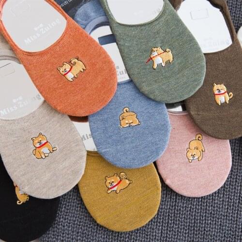 Womens Short Socks Cute Lovely Kawaii Cartoon Shiba Inu Embroidery Corgi Dog Cotton Women Socks Casual Ankle Socks Female