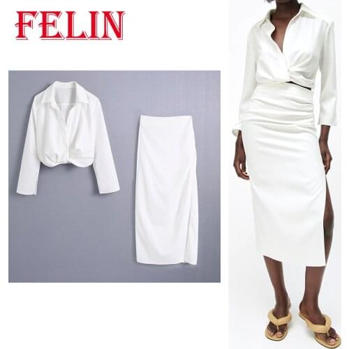 Women Chic White Shirt Suits Za 2021 V Neck Solid Oversized Short Blazer High Waist Straight Skirt 2 Pieces Suits Soft Clothing