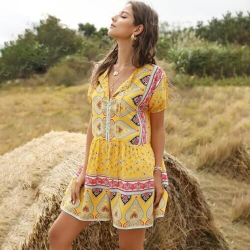 Summer 2021 Boho Women Sexy Jumpsuit Backless Short Sleeve Print Elegant Playsuits High Waist Women Clothes Casual Short Pants